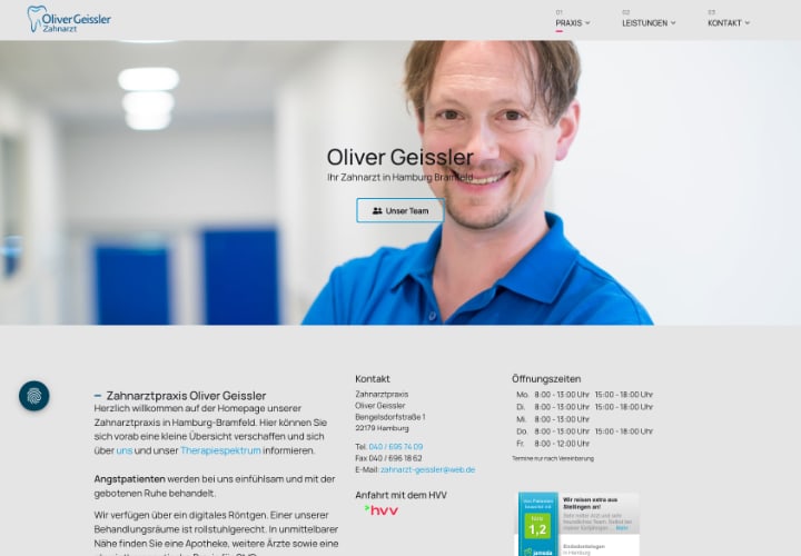 Neue Homepage Zahnarztpraxis Oliver Geissler in Hamburg von ArztpraxisHeute - Digitales Praxismarketing